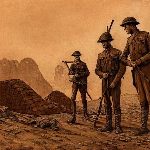 Image similar to ultra detailed photorealistic sepia - toned painting from 1 9 1 7, three british soldiers standing at an archaeological dig site in wadi rum, ultra realistic, painted, intricate details, lovecraft, atmospheric, dark, horror, brooding, highly detailed, by angus mcbride