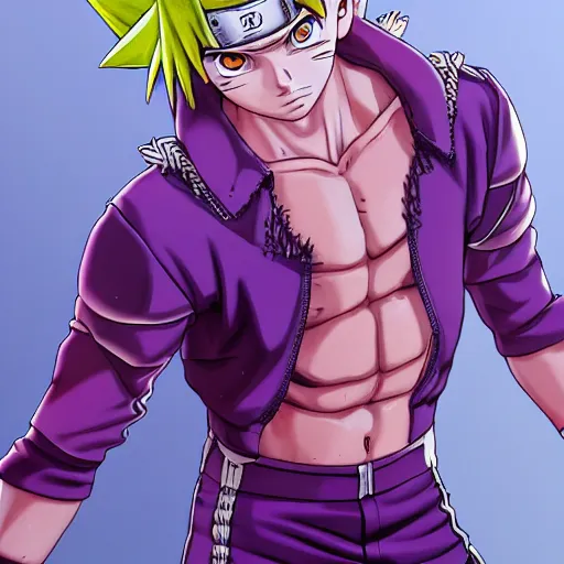 Image similar to close up of a naruto in smooth purple ninja uniform, blue spiked hair, muscular, intense, dramatic pose body of an ultrafine hyperdetailed illustration by kim jung gi, irakli nadar, intricate linework, sharp focus, bright colors, octopath traveler, final fantasy, unreal engine 5, global illumination, radiant light.