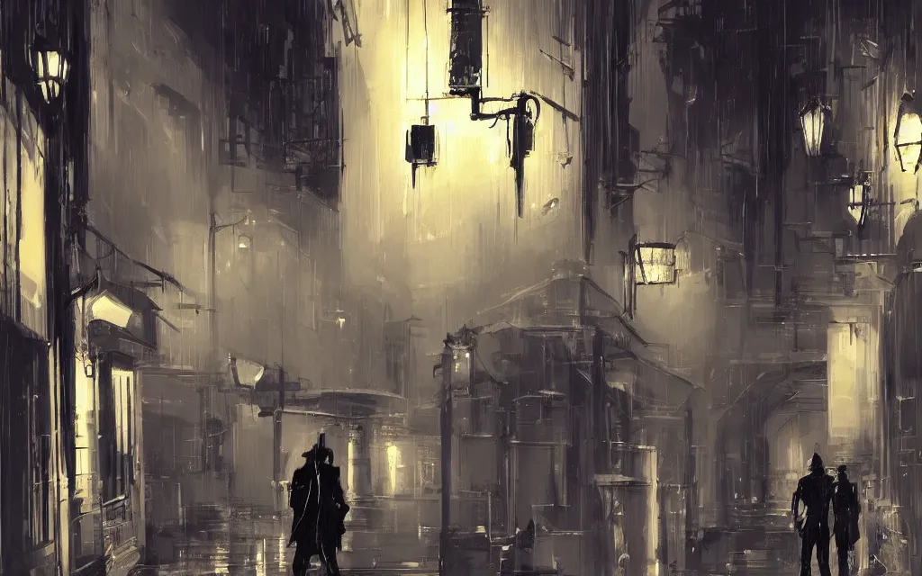 Image similar to !dream concept art, dark wet london alley at night, by ashley wood, by roger deakins, in the style of syd mead atmospheric