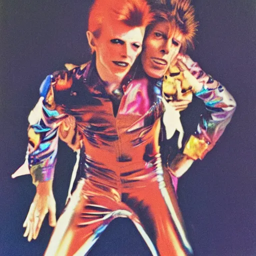 Prompt: david bowie giving a piggy back ride to ziggy stardust. glam rock. cosmic. chuck close