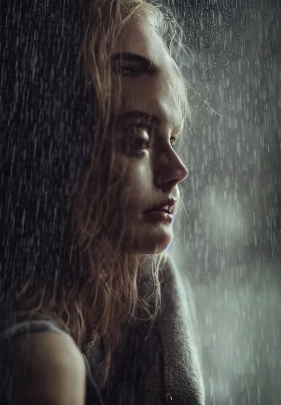 Image similar to cosmopolitan model annie leonhart posing in dunwall city, beautiful face, detailed face, realistic eyes, cinematic lighting, rainy weather, melancholy atmosphere, volumetric light, gothic architecture, realistic reflections, model agency, instagram photo, depression atmosphere, shot on sony a 7, beauty filter, postprocessing