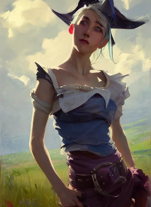 Image similar to portrait of Jinx from League of Legends after work, countryside, calm, fantasy character portrait, dynamic pose, above view, sunny day, thunder clouds in the sky, artwork by Jeremy Lipkin and Giuseppe Dangelico Pino and Michael Garmash and Rob Rey, very coherent asymmetrical artwork, sharp edges, perfect face, simple form, 100mm