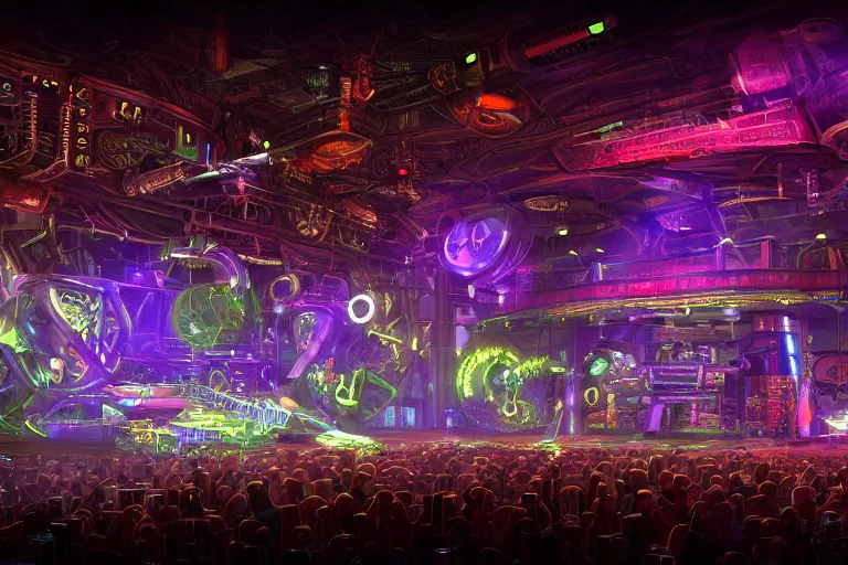 Image similar to a concert stage, tripmachine, center of the stage is a big futuristic steampunk generator surrounded by steampunk machinery with speaker towers, rock musicians on the stage, laser show, 8 k, fluorescent colors, halluzinogenic, multicolored, exaggerated detailed, unreal engine