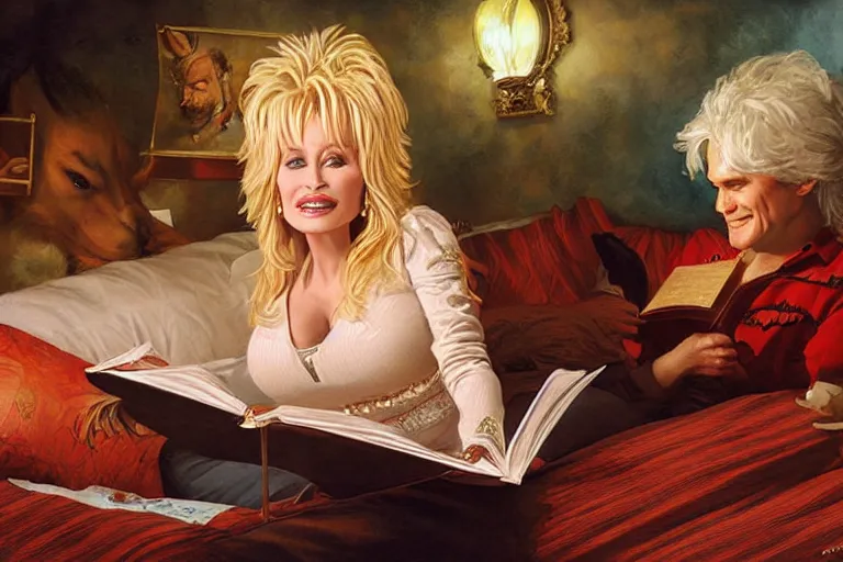 Image similar to portrait of dolly parton reading a bedtime story to jim carrey in bed, an oil painting by ross tran and thomas kincade