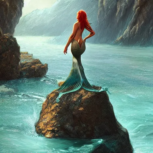 Image similar to beautiful mermaid emerging from the ocean, extremely high detail, photo realistic, cinematic, post processed, concept art, artstation, matte painting, style by Raphael Lacoste, Eddie Mendoza