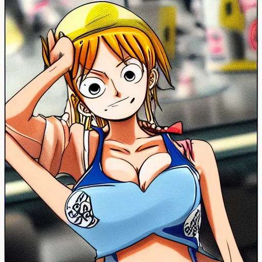 Image similar to Nami from One Piece working at McDonalds, epic detail, anime style, sharp focus, serious,