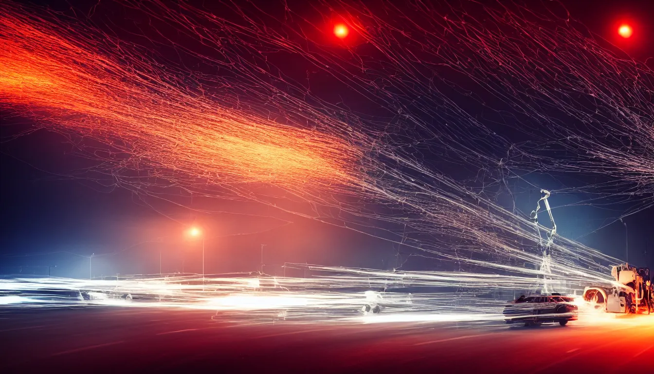 Image similar to of automobiles contained by barbwire fencing , huge machine cranes ,feedback loop , burst of powders ,volumetric lighting, twisting vapour, bellowing dust , emerging seascape and beautiful nighttime , full colour , upscale , 4k