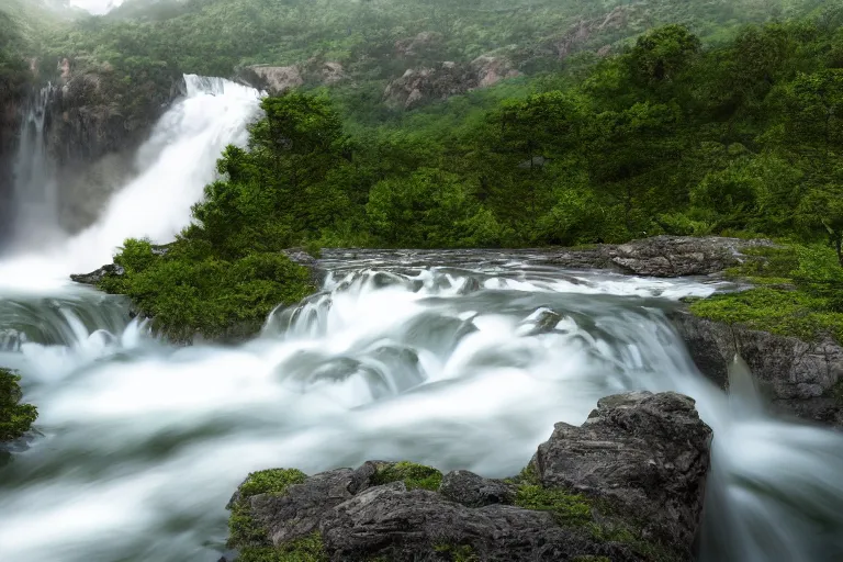 Image similar to Mountains with huge waterfall and river on the bottom with water flowing to the right, on the right in the valley with the lake flying dragon, ultra detailed, 35mm lens, sunrise, overcast sky, realistic, 4k resolution, trending on artstation, octane render, unreal engine.