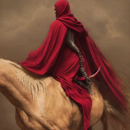 Image similar to a masterpiece! photographic portrait of a a cloaked woman riding the back of a scarlet - colored beast!! with seven heads!! and ten horns!! by gustave dore and sam spratt and allen williams, trending on artstation, cgsociety, 8 k hd, earthtone colors,