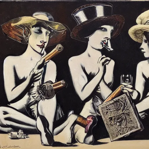 Image similar to calssical boring 1920's London angels smoking cigars , by Arthur Skizhali-Weiss and Banksy and Odilon Redon , cluttered , line art , cubist