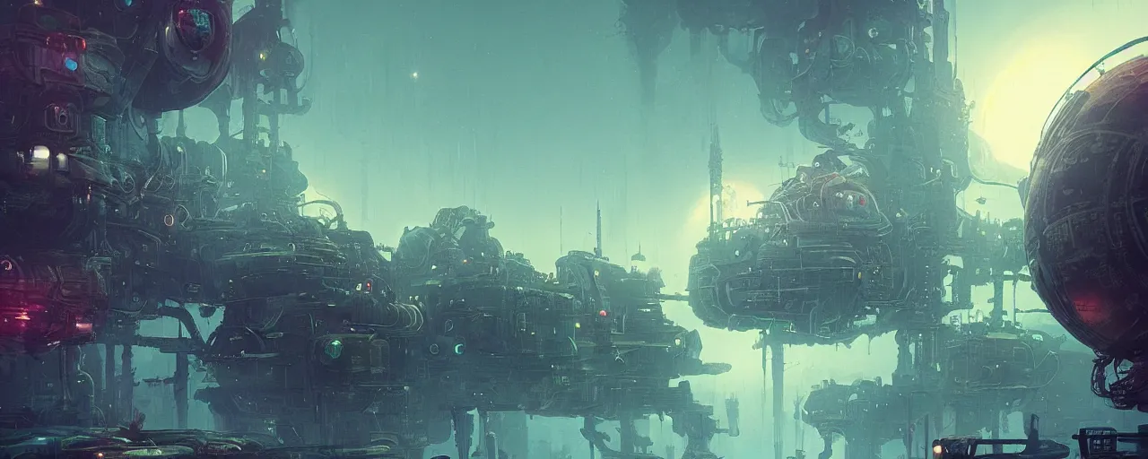 Prompt: ” outer planet with thick fog and steampunk structures, [ cinematic, detailed, epic, widescreen, opening, establishing, mattepainting, photorealistic, realistic textures, octane render, art by paul lehr ] ”