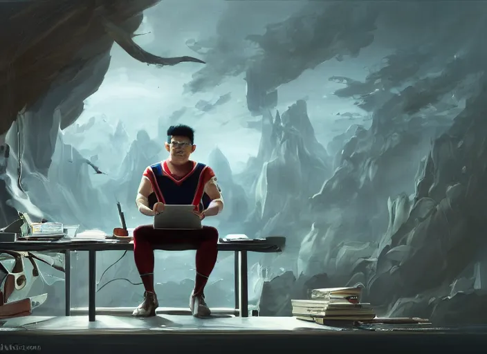 Image similar to an insanely detailed painting of an asian man wearing a homemade superhero costume, sitting at a desk, staring seriously at the computer and typing, in the style of peter mohrbacher, dramatic lighting and composition, surreal background, octane render, pixar, trending on artstation, concept art, comic book, view from behind, 8 k