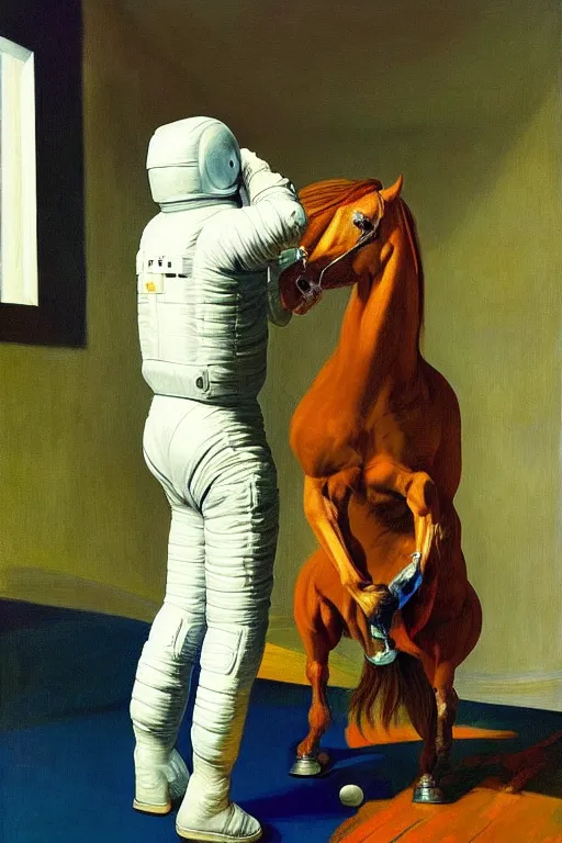 Prompt: an astronaut lifts a horse with his mind and makes it levitate, hauntingly surreal, highly detailed painting by francis bacon, edward hopper, adrian ghenie, gerhard richter, and james jean soft light 4 k,