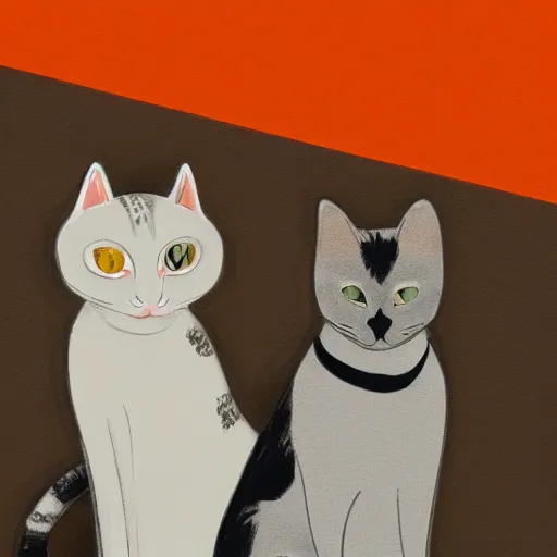 Prompt: An orange cat, a gray cat, a spotted white and gray cat, and a siamese cat sitting side-by-side facing us, cinematic atmosphere, art by Arist Deyn.