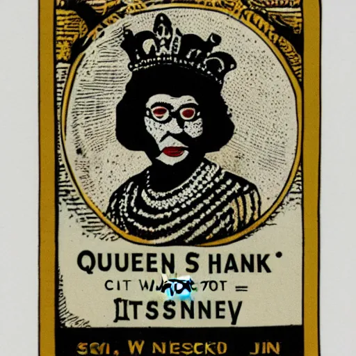 Image similar to queen elizabeth wearing skimask, lino print as whiskey bottle label
