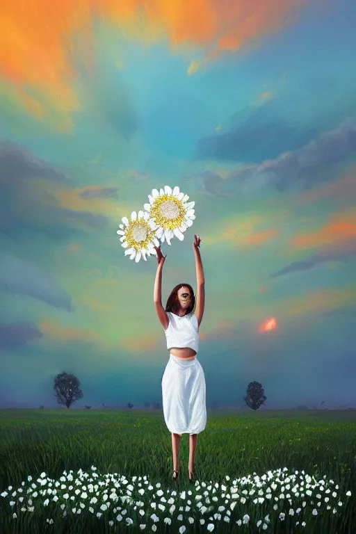 Image similar to giant white daisies flower as head, girl dancing in a flower field, surreal photography, sunrise, dramatic light, impressionist painting, colorful clouds, digital painting, artstation, simon stalenhag