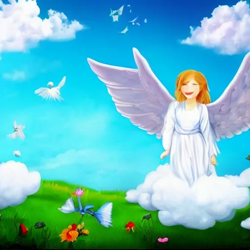 Image similar to bright blu sky. fluffy clouds. angels with big wings wake - up