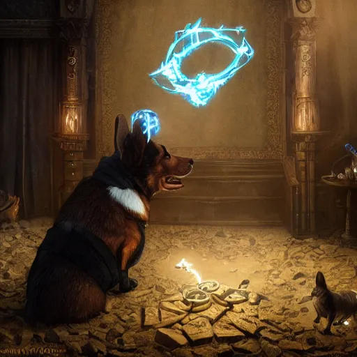 Prompt: a corgi magician casting a spell, d & d character art, highly detailed digital illustration, intricate, beautiful, mystical, glowing, runes, greg rutkowski, trending on artstation