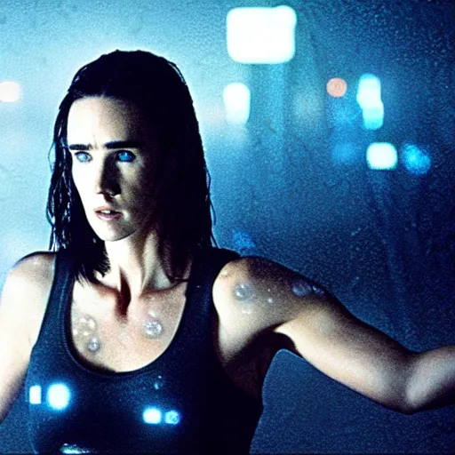 Image similar to jennifer connelly starring in a cyberpunk movie in a distopic futuristic city in the style of bladerunner, wearing a cropped black tank top, black boyshorts and black boots, firing a gun, muzzle flash, movie still, highly detailed, rainy night, volumetric lights, dramatic, scifi, sharp focus