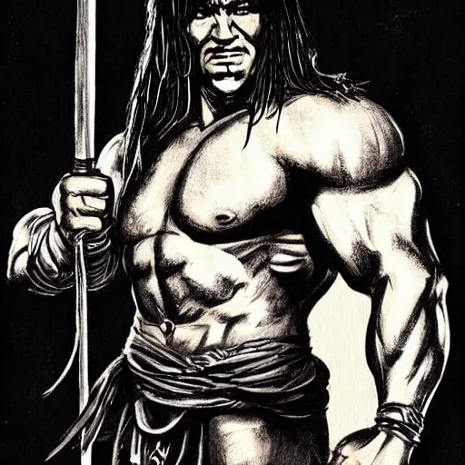 Image similar to concept art conan the barbarian doing bicep curls with heavy weight