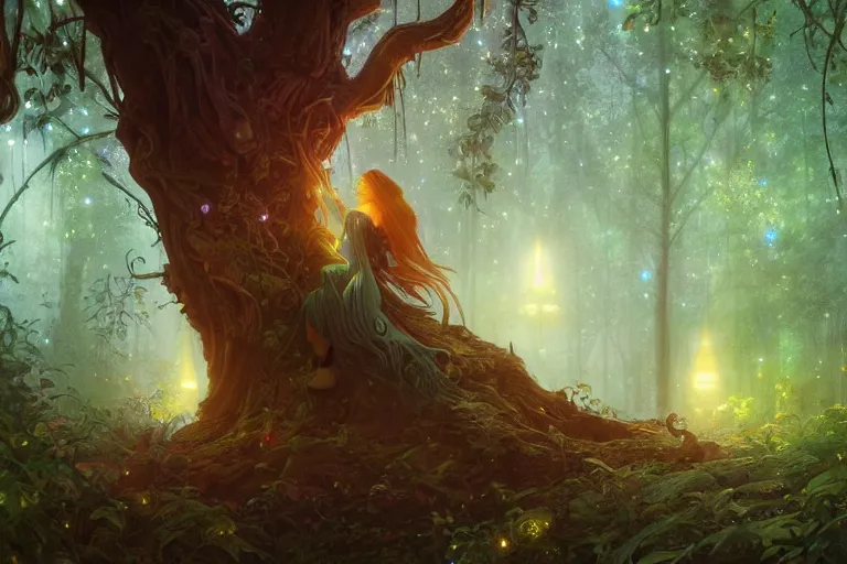 Image similar to a bioluminescent glowing tree in an enchanted forest, highly detailed, digital painting, artstation, concept art, sharp focus, illustration, art by artgerm and greg rutkowski and alphonse mucha