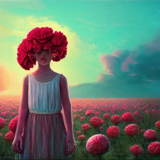 Prompt: head of carnations flower, girl in a flower field, surreal photography, sunrise dramatic light, impressionist painting, colorful clouds, digital painting, artstation, simon stalenhag, flower face