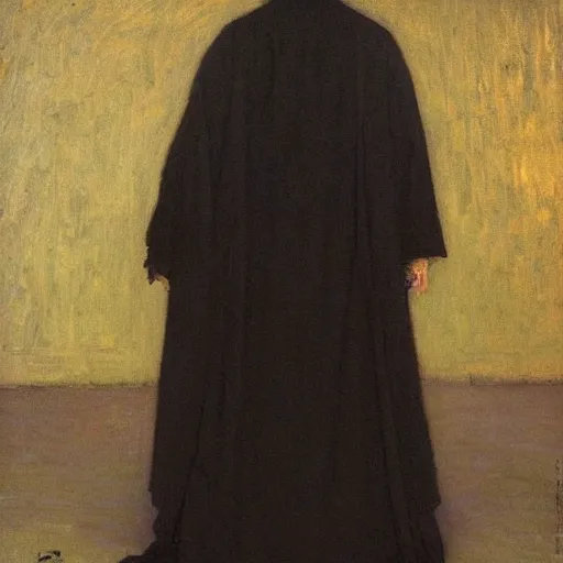 Image similar to Back view of the grim reaper, thin black robe, curvy, death himself, deep shadows, award winning, by Ilya Repin