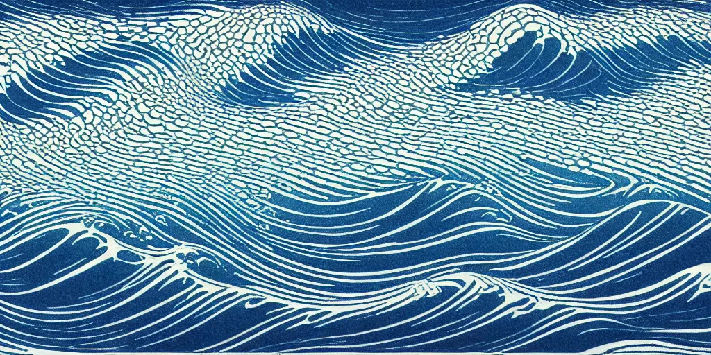 Prompt: clouds and waves, An aesthetically pleasing, dynamic, energetic, lively, complex, intricate, detailed, well-designed digital art of a beach, ripples, waves, sea foam, light and shadow, overlaid with aizome patterns, Shin-hanga by Bob Ross, traditional Japanese colors, superior quality, masterpiece