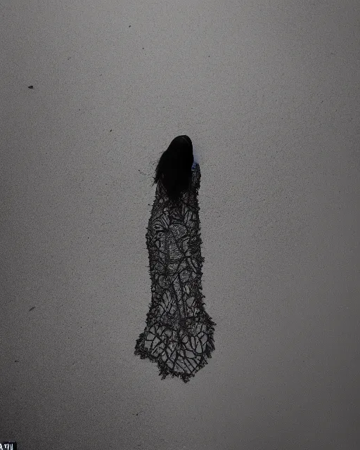 Image similar to a woman standing on a beach, made of intricate decorative lace leaf skeleton, shot from a drone, in the style of the dutch masters and gregory crewdson, dark and moody