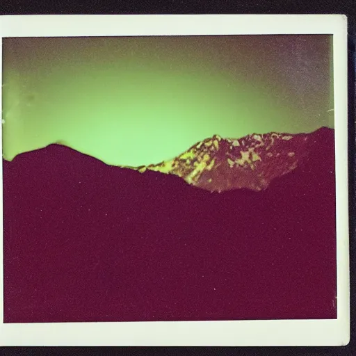 Image similar to a ufo flying over a distant mountain at night, historical photo, old polaroid, expired film,