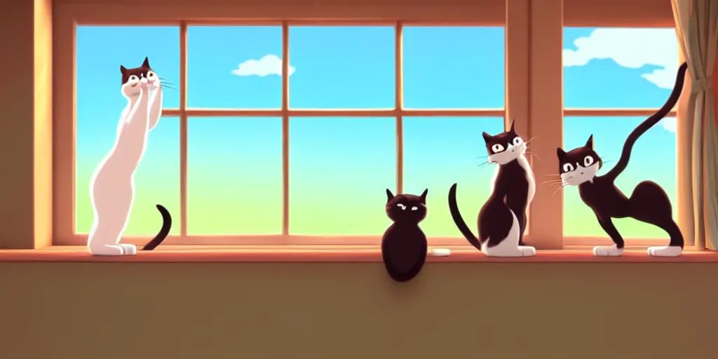 Image similar to a wholesome animation key shot of two cats stretching out in front of a window studio ghibli pixar and disney animation sharp render