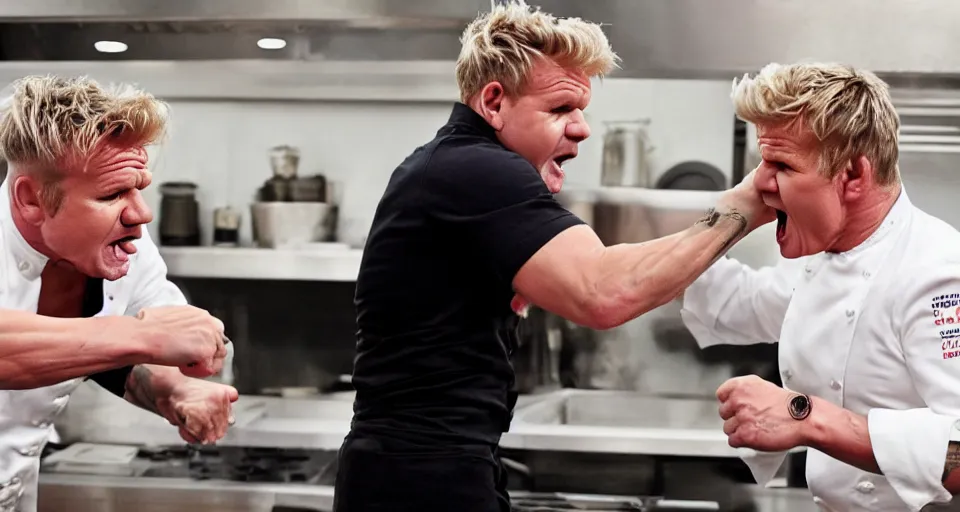 Image similar to photo of angry furious Gordon Ramsay punching Gordon Ramsay at the kitchen