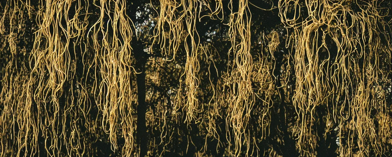 Image similar to medium angle photo of spaghetti growing on a tree, canon 5 0 mm, cinematic lighting, photography, film, retro, kodachrome