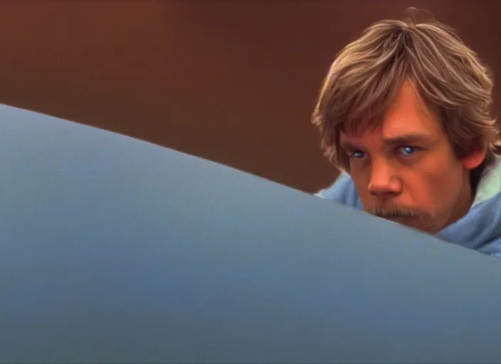 Image similar to screenshot of Luke Skywalker drinking blue milk, on a marble designed planet, famous scene from the 1980s film directed by Stanley Kubrick cinematic lighting, moody cinematography, with anamorphic lenses, crisp, detailed portrait, 4k image