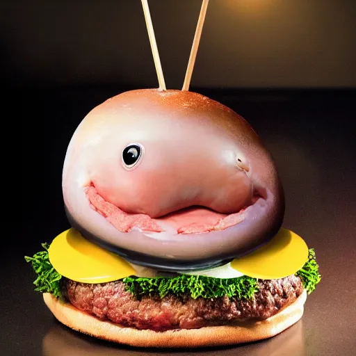 Image similar to real-life blobfish in a burger, extremely detailed, 8k resolution, high detail