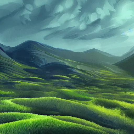 Prompt: a digital painting of green hills, in the style of matilda geijer on artstation, 4 k,