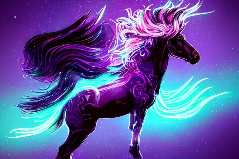 Prompt: a stunning horse with bioluminescent mane and tail running in space by sandra chevrier and greg rutkowski, neon hooves, purple blue color scheme, vaporware, retro, outrun, high key lighting, volumetric light, digital art, highly detailed, fine detail, intricate, ornate, complex, octane render, unreal engine, photorealistic