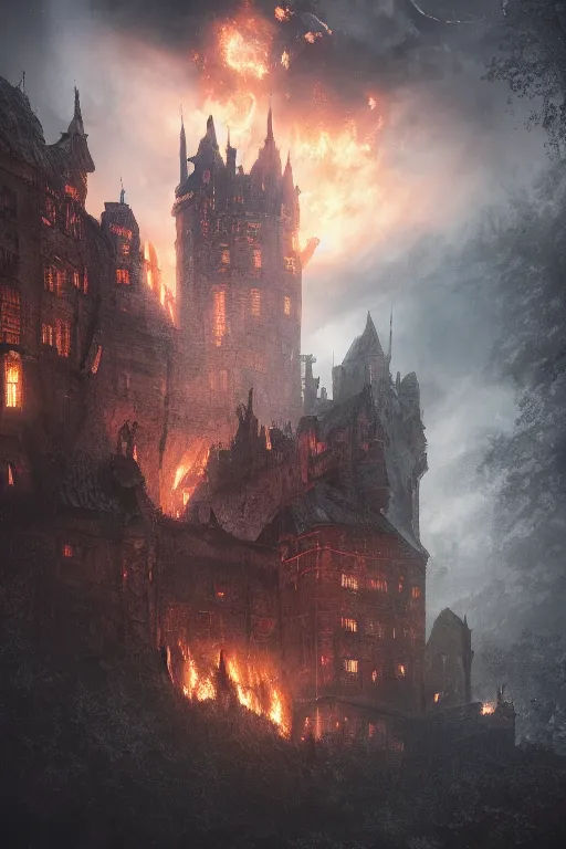 Image similar to a castle burning inside the reflection of a dragons eye by Greg Rutkowski, Sung Choi, Mitchell Mohrhauser, Maciej Kuciara, Johnson Ting, Maxim Verehin, Peter Konig, Bloodborne, macro lens, 35mm, 8k photorealistic, cinematic lighting, HD, high details, atmospheric,