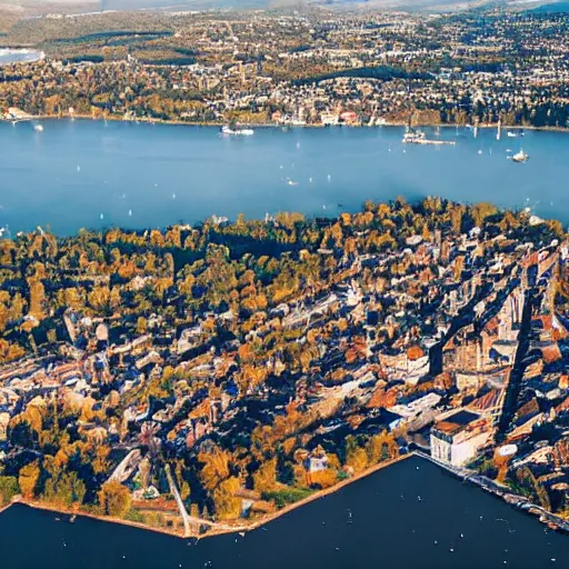 Prompt: bird's eye view photography of a small city. town hall, central farm, dock. hills, woods, and lake to the north.