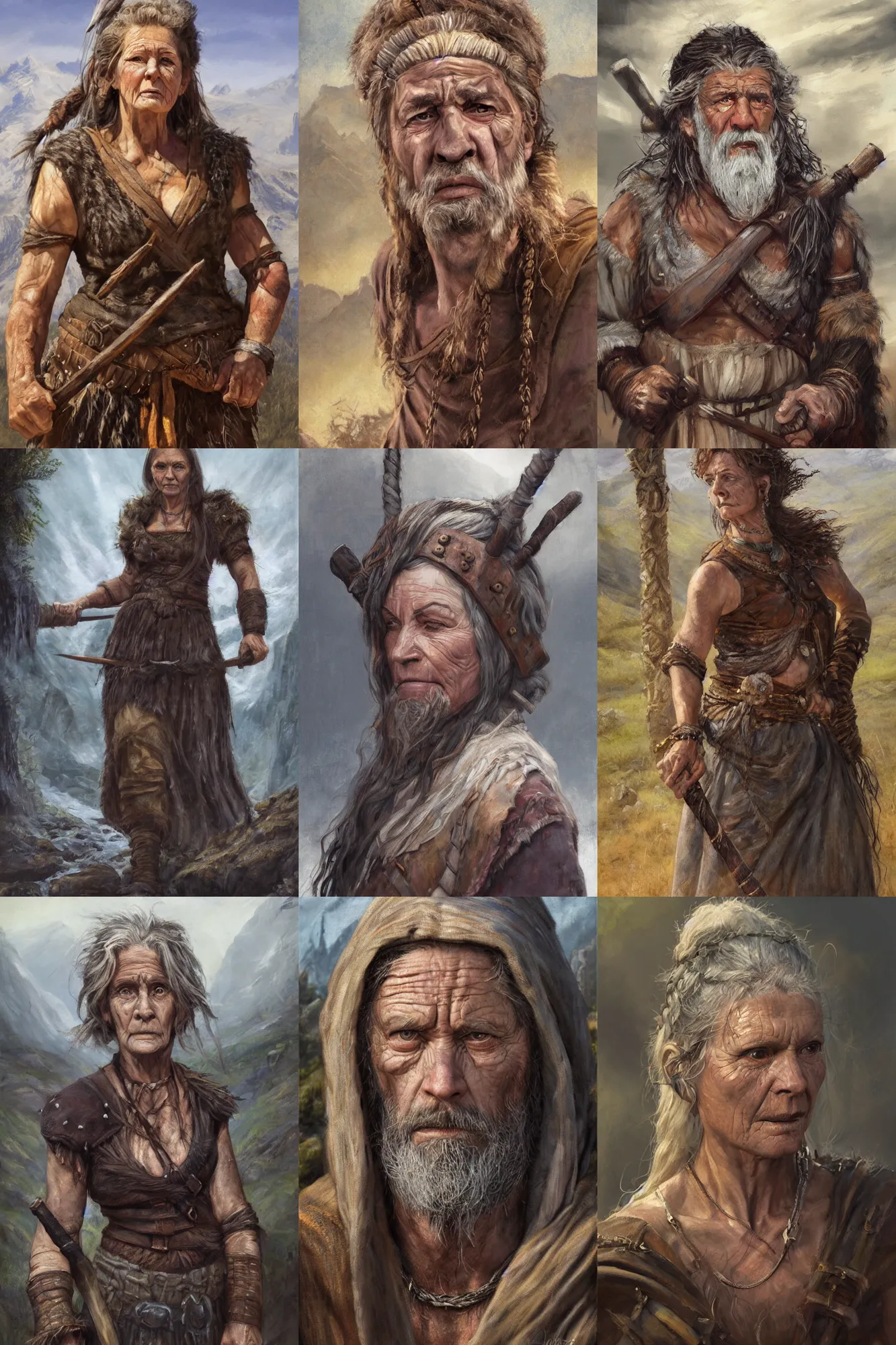 Prompt: a full body high detail fantasy portrait oil painting illustration of a single old rugged stoic barbarian woman by Justin Sweet with face and body clearly visible, in a scenic background, pupils visible, realistic proportions, d&d, rpg, forgotten realms, artstation trending, high quality, sombre mood, artstation trending, muted colours, no crop, entire person visible!, natural light, Adobe Photoshop, Adobe Lightroom, photolab, Affinity Photo,