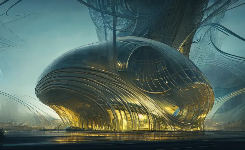 Image similar to exterior shot of utopian architecture transparent building with cinematic lighting by zaha hadid and renzo piano, darek zabrocki and greg ruthkowski, alphonse mucha, simon stalenhag, cinematic, stars, beautiful, holy place, paradise, scifi, futurism, atmospheric, concept art, artstation, trending on artstation