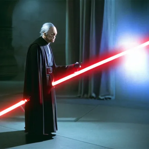 Image similar to mr. bean as darth sidious, holding a red light saber in star wars, film still, cinematic lighting, highly detailed