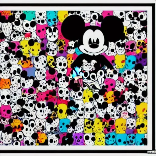 Image similar to anime manga skull portrait girl face mickey mouse simpsons detailed highres 4k warhol and James Jean pop art nouveau