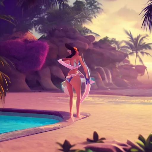 Prompt: beautiful render of pool party Ahri (wild rift) looking at the horizon in a hawaii beach, 3d, octane render, realistic, highly detailed, trending on artstation