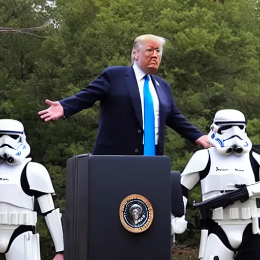 Image similar to Trump trying to protect his huge safe from the deep state agents wearing Storm Trooper gear, angry, kinetic, outrageous,