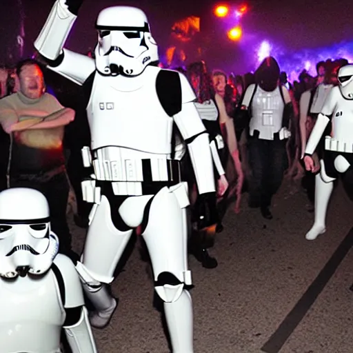 Prompt: a stormtrooper mosh pit at a death metal concert at night