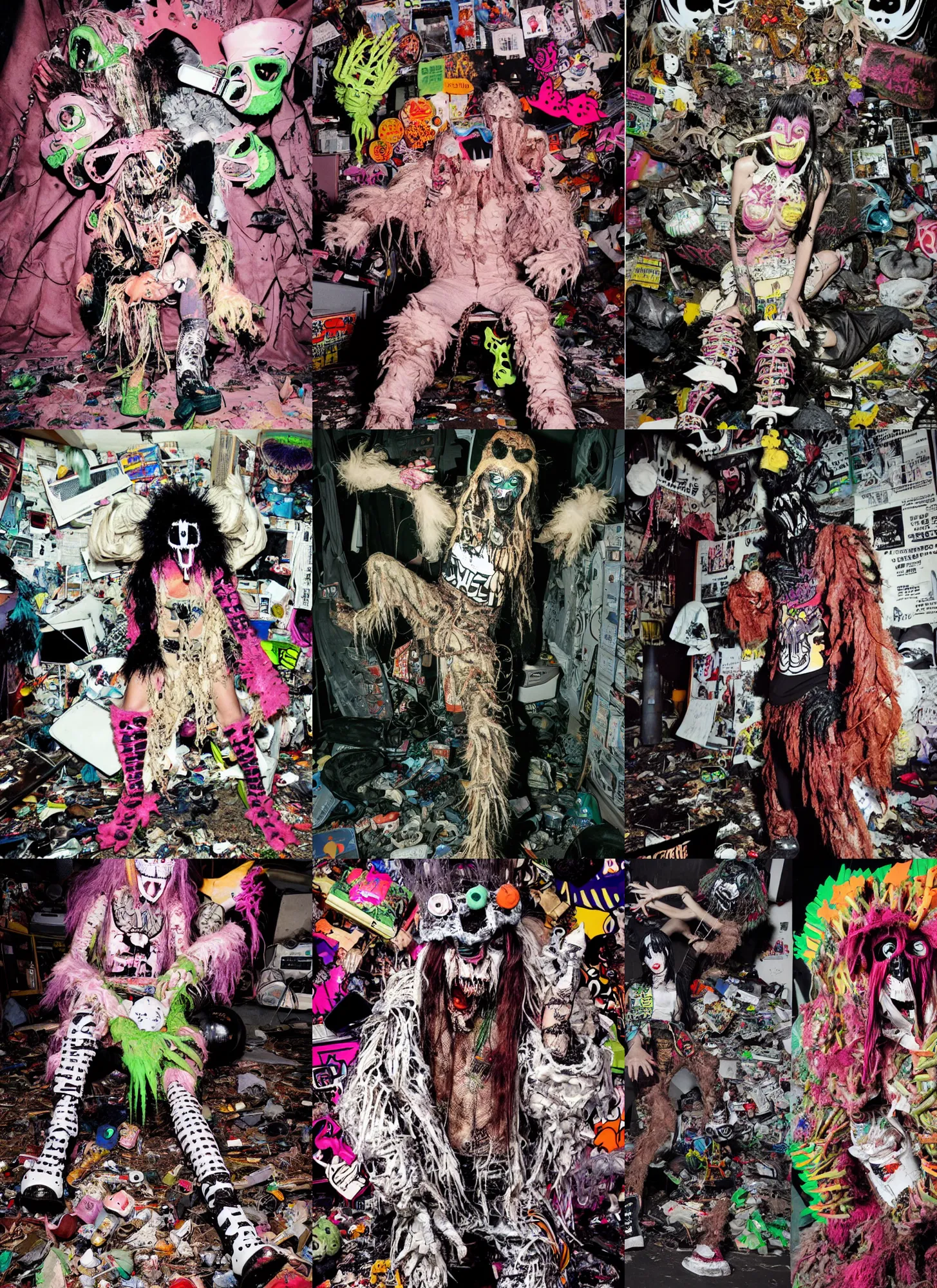 Prompt: photo of lace monster wearing ripped up dirty Swear kiss monster teeth yeti platform boots in the style of Rammellzee Garbage Gods in the style of 1990's FRUiTS magazine 20471120 in japan in a dirty dark dark dark poorly lit bedroom full of trash and garbage server racks and cables everywhere in the style of Juergen Teller in the style of Shoichi Aoki, japanese street fashion, KEROUAC magazine, Walter Van Beirendonck W&LT 1990's, Vivienne Westwood, y2K aesthetic