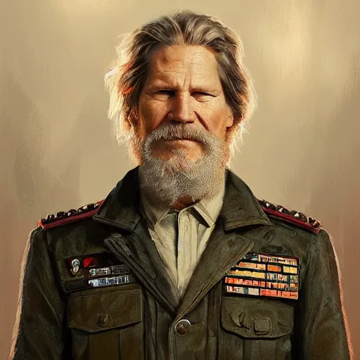 Prompt: portrait of a man by greg rutkowski, he looks like jeff bridges, wearing the military uniform of the corellian confederation, star wars expanded universe, he is about 5 0 years old, highly detailed portrait, digital painting, artstation, concept art, smooth, sharp foccus ilustration, artstation hq