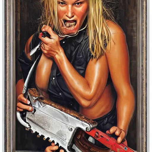 Image similar to bar refaeli with an unhinged expression, holding a chainsaw, by normal rockwell and michael cheval