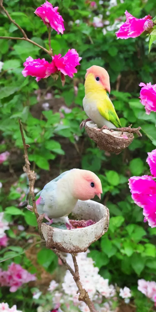 Prompt: a cute pink and white rosy - faced lovebird eating an ice cream in a flower garden. cell phone photograph